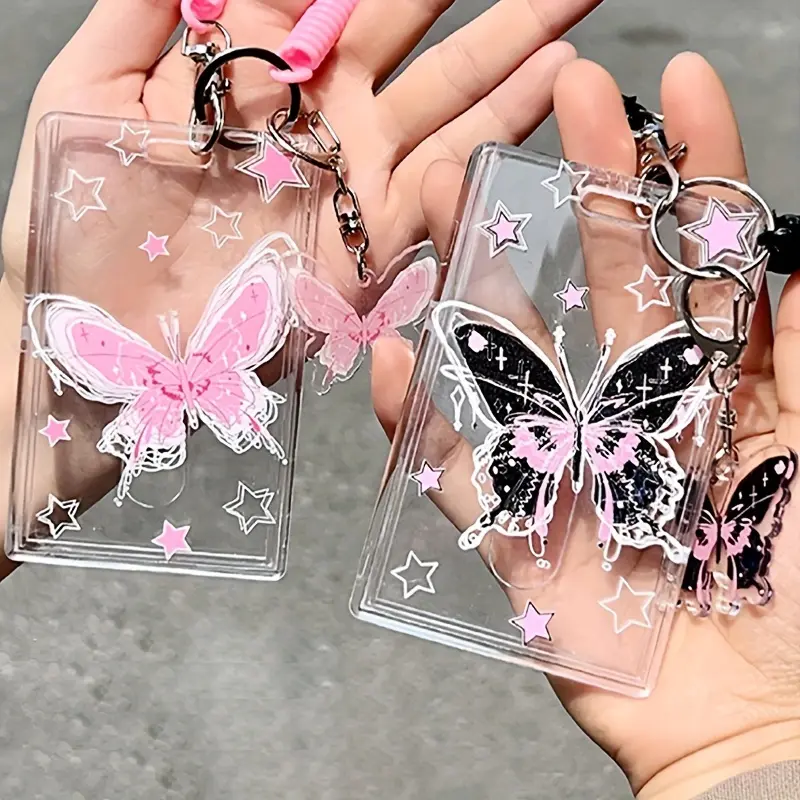 2pcs Transparent ID Card Holders with Butterfly Design - Anti-Drop Keychain, Clear Plastic ID with Metal Clip for Students, Office, Events - Black & Pink Butterfly Cards Chains, Id Card, Event Essentials, Student Accessories, Whimsical Style, Antidrop De