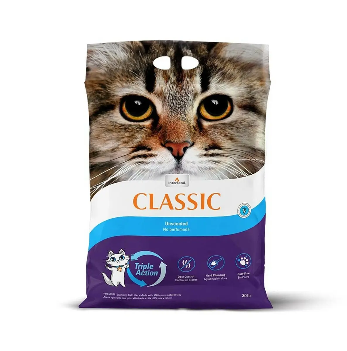 Intersand America Classic Unscented Clumping Natural Clay Cat Litter - 30 lbs, Triple Action, Maximum Efficiency, Highly Absorbent, Odor Control, Waste Reduction, No Trace