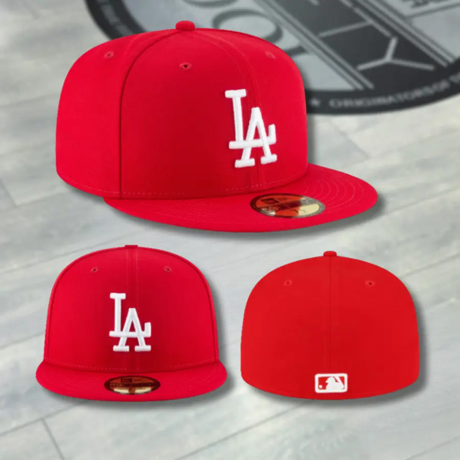 Red New Era Los Angeles Dodgers 59FIFTY Baseball Cap – Classic White Embroidered LA Logo, Fitted Flat Brim MLB Headwear
