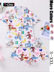 Women's Cute Monkey Print Pajama Set, Short Sleeve Lapel Top & Elastic Shorts, Casual Summer Sleepwear, 2 Piece, Pajama Pattern