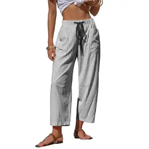 2026 Women’s Linen Striped Leggings, Comfortable Drawstring Capri Pants with Pockets, Summer Beach Vacation Casual Pants