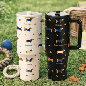 AuraCup 40oz Insulated Tumbler with Handle and Lid, Drinkware, Cute Dachshund Puppy Pattern Stainless Steel Travel Mug, Large Capacity Vacuum Cup for Coffee Tea Water, Reusable Dog Lover Gift for Home Office Outdoor, Keeps Drinks Cold 12 Hours Hot 6 Hours