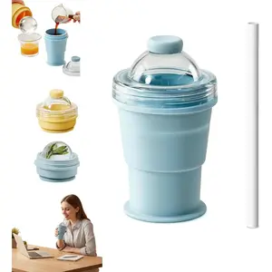 2-in-1 Collapsible Silicone Ice Ball Maker Cup, Portable Foldable Ice Hockey Cup with Straw & Lid, Easy Demolding, Leakproof 2.3 Inch Sphere Ice Cubes for Whiskey,Cocktails,Coffee,Juice (blue)