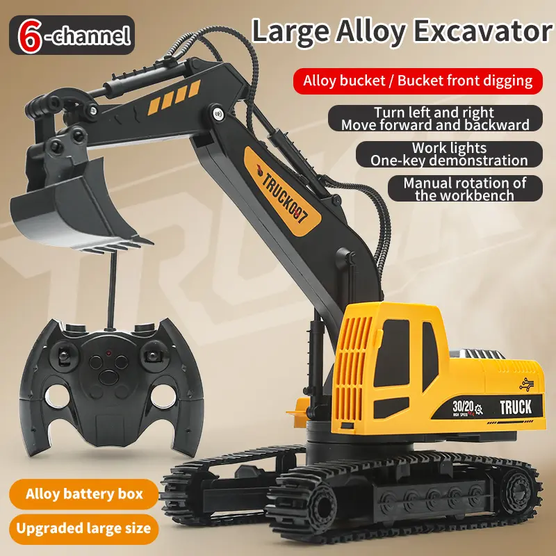 RC Excavator Toy for Kids, 6 Channel Remote Control Digger with Real Digging Action & Alloy Bucket, Construction Toy for Boys Girls