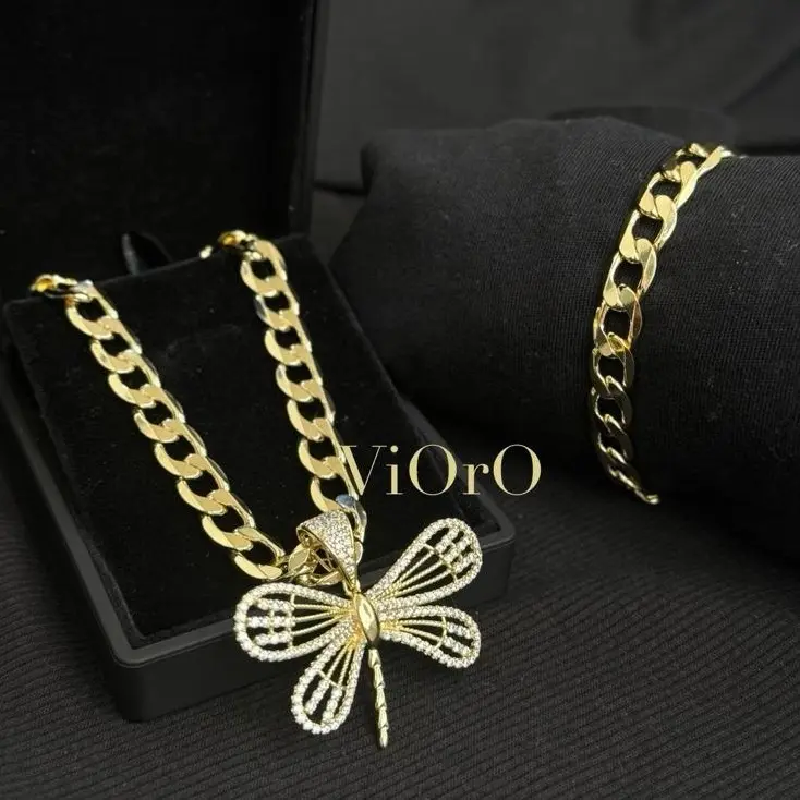 14K Gold Plated Cuban Link Chain with Dragonfly Pendant. 8mm Beautiful Chain with Zircon Plated Pendant. Electro-Laminated Jewelry. Every Day Use Premium 14K Gold Plated