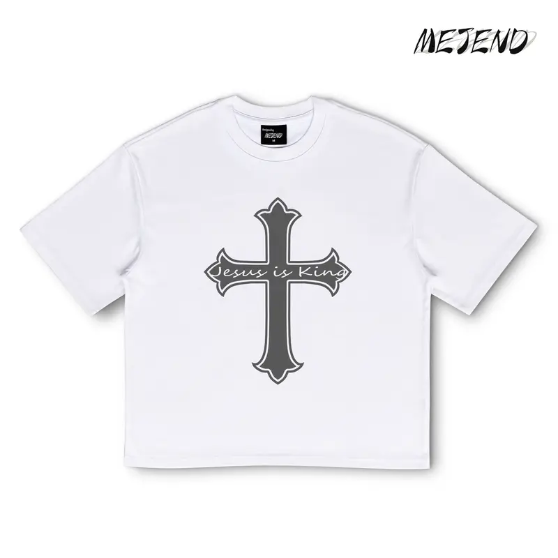 Men's UV Color Changing Round Neck Short-Sleeve Cropped Top, Relaxed Boxy Fit White Cross Print Graphic Menswear T-Shirt