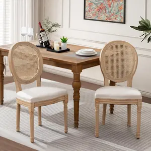 French Country Wood Dining Chairs Set of 2, Vintage Dining Room Chairs with Round Back, Farmhouse Country Rattan Dining Chair for Kitchen, Bedroom