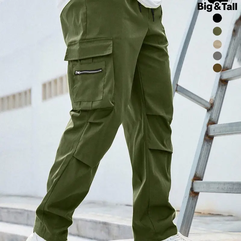 Men's Plus Size Plain Drawstring Waist Cargo Pants, Casual Cargo Style, Casual Comfy Trouser, Casual Pocket Design Trousers for Daily Wear, Streetwear Men's Bottoms for All Seasons