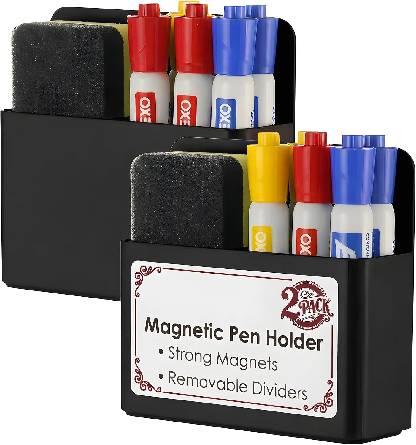 2 Pack Magnetic Pen Holder for Refrigerator & Whiteboard, Full-Back Magnet Dry Erase Marker Holder with Adjustable Divider, Magnetic Marker Holder for White Board Office Desk Locker Accessories