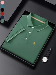 Men's Regular Fit Letter Embroidery Contrast Trim Polo Shirt, Casual Short Sleeve Half Zip Top for Summer, Fashion Men's Clothes for Daily Wear, Gamis, Solid Zipper Polo