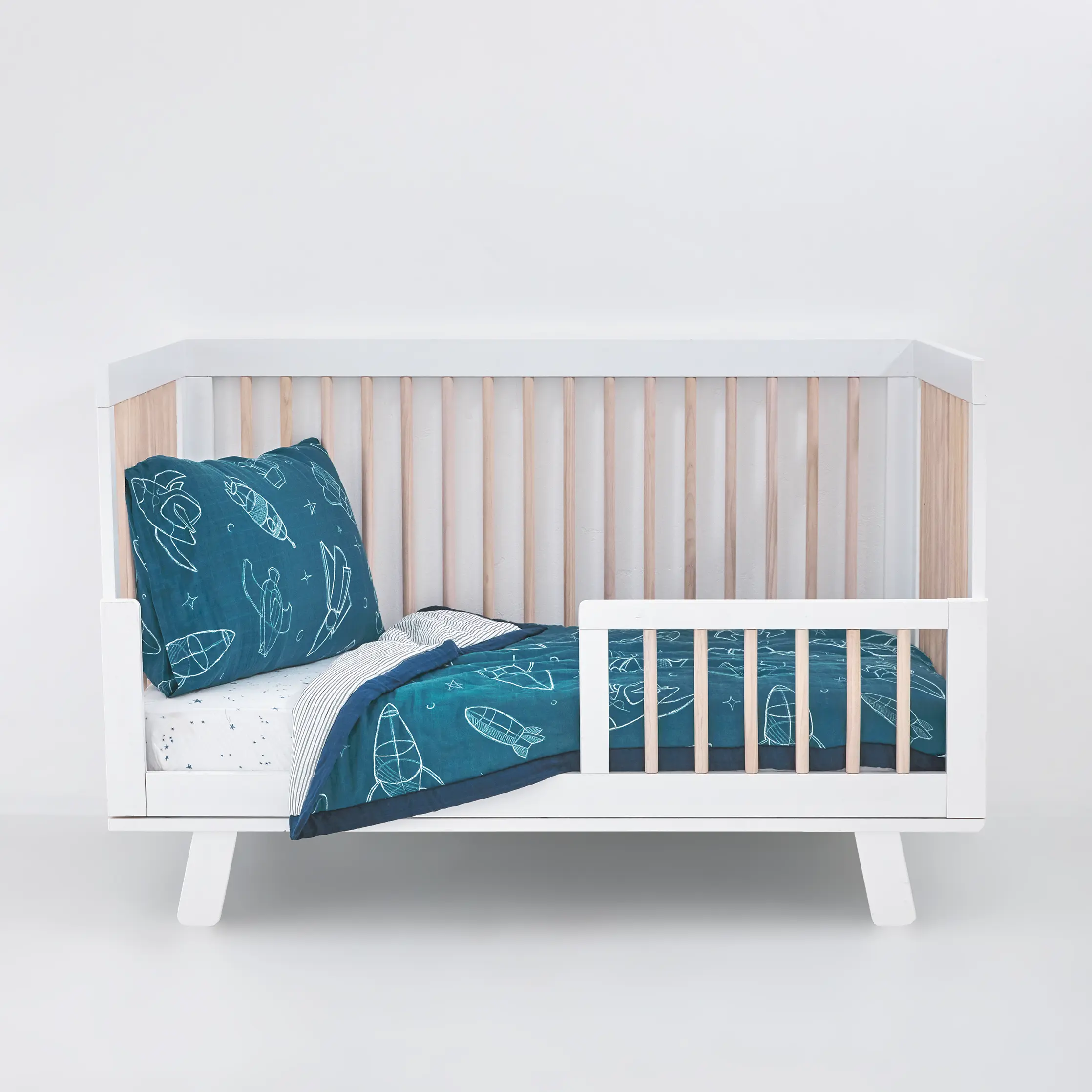 LITTLE UNICORN Cotton Muslin 3-Piece Toddler Crib Bedding Set - Blast Off Space Theme, Breathable Soft, All Season, Fits Converted Cribs, Shooting Stars