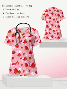 Strawberry Heart Print Nurse Uniform, Fitted, Cute Simple Design, Perfect Gift for Nurses, Comfortable Wear, Ideal for Valentine's Day