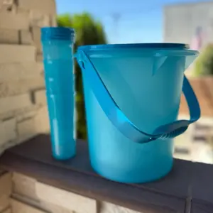 Heritage Blue PP Plastic Handle Bucket with Lid, 4-Piece Tumbler Lids Bundle Set, Home Supplies Household Items Container