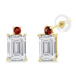 Gem Stone King 4.18 Cttw 10K Yellow Gold IGI Certified Lab Grown Diamond and Red Garnet Earrings | Emerald Cut Diamonds Each 2 Ct | D-E Color | VS1-VS2 Clarity | Gold Earrings for Women
