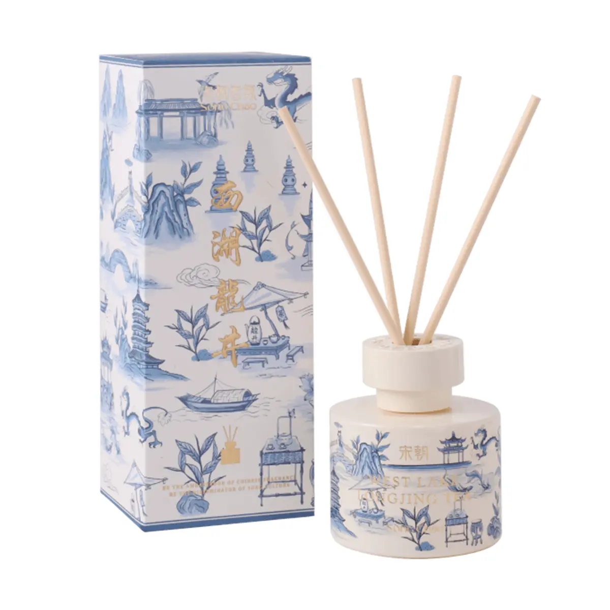 SONG CHAO No Fire Aromatherapy Diffuser Blue Porcelain Natural Soy Wax Fragrance Healing West Lake Longjing 120ml