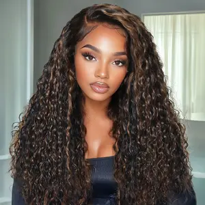 Sunber Hair Water Wave Wig Black with Golden Brown Highlights Bye Bye Knots Pre-cut 7x5 HD Lace Closure Human Hair Wigs Natural Scalp Ready to Wear Beginners Friendly