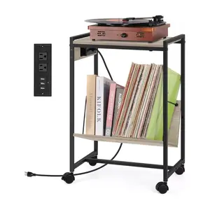 Record Player Stand for Vinyl Records, Night Stand with Charger Station, Record Player Stand with Album Storage, Black End Table for Living Room, Bedroom, Grey
