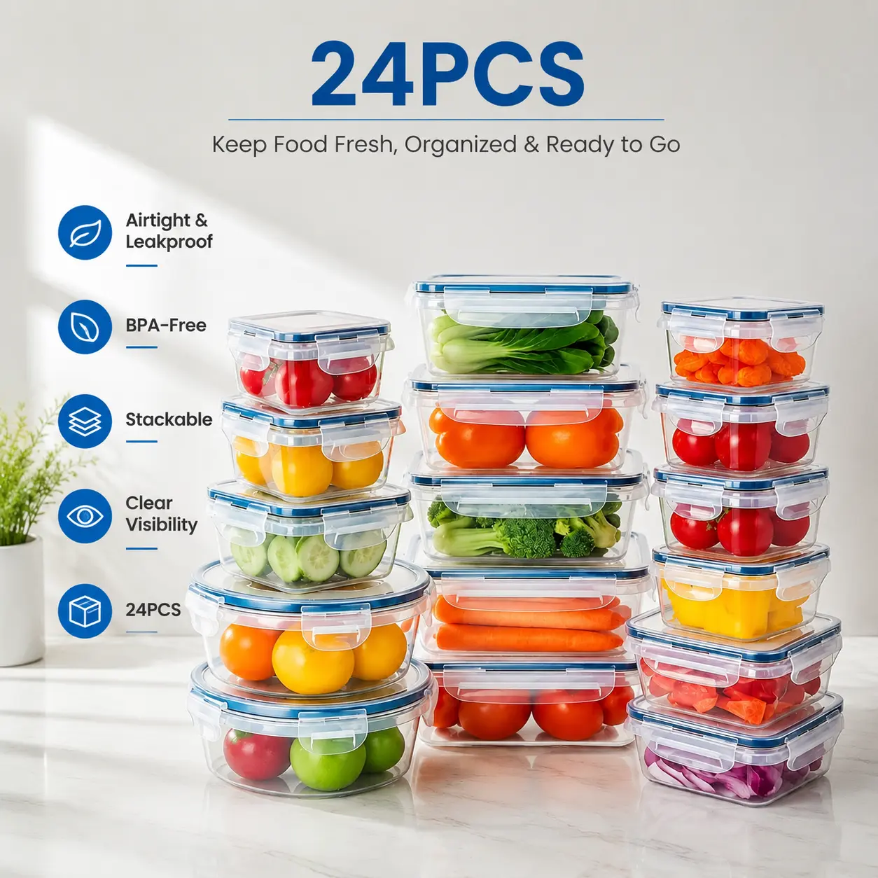 24 PCS Multi-Size Round Plastic Food Storage Containers with Airtight Spill-Proof Snap Lid Closure Transparent Lids, Stackable Meal Prep Containers for Fridge & Microwave, BPA-Free Home Essential Mother's Day Gift