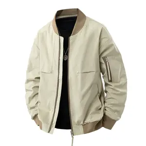 Men's Beige Bomber Jacket with Brown Contrast Collar & Cuffs Vintage Style Zip-Up Jacket with Multiple Pockets & Included Necklace Casual Fashion Outerwear