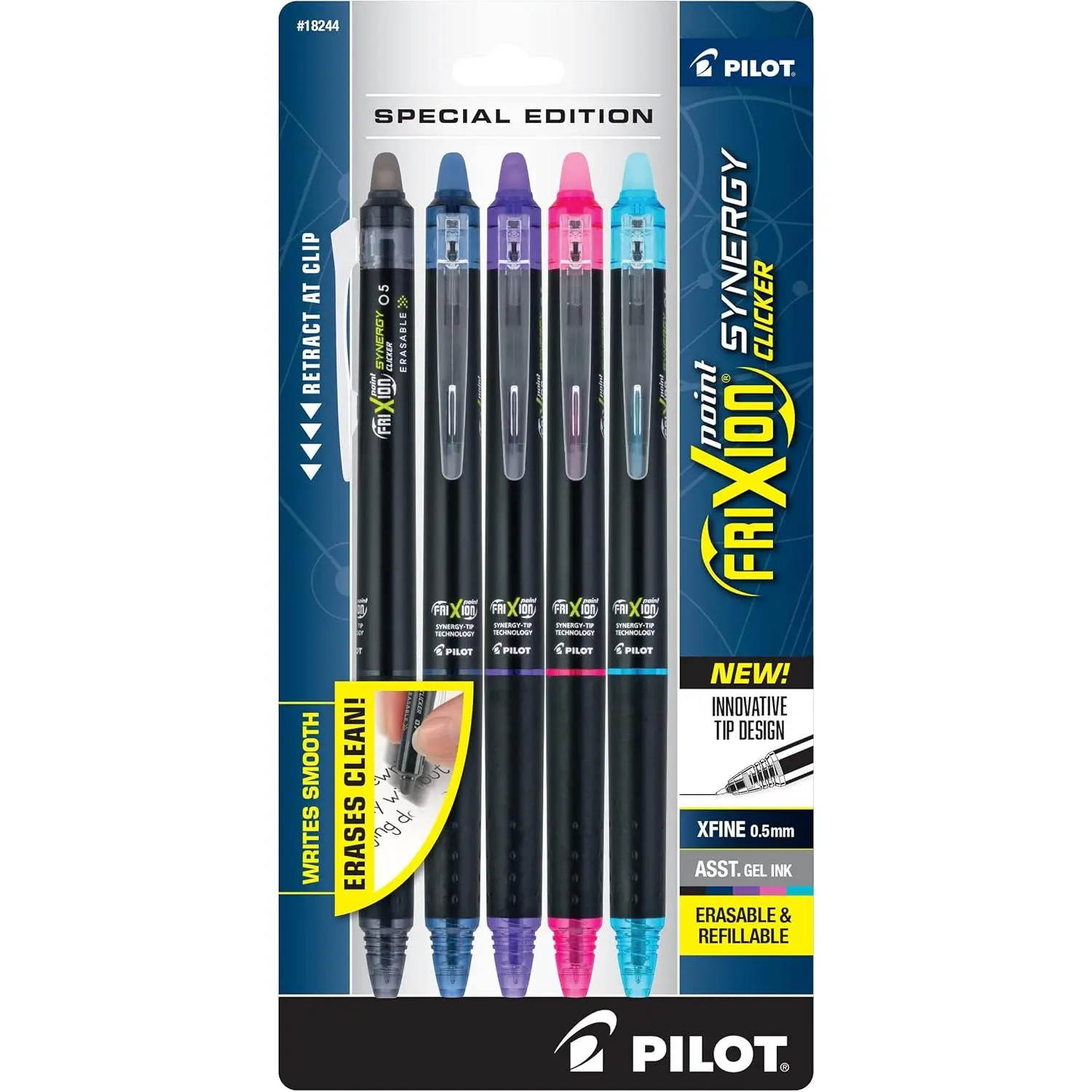 FriXion Synergy Clicker Erasable Gel Ink Pens - 0.5 mm Extra Fine Point, Refillable, Retractable Grip, Write/Erase Function, Pack of 5 Assorted Colors, Ideal for School & Office Use