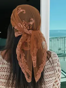 Women's Lightweight Lace-Trimmed Cashew Embroidered Square Scarf, Breathable & Fitted Design, Ideal for All Seasons, Scarf Head Wrap