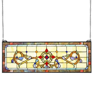 VEVOR Stained Glass Window Panel, 32x 11 Tiffany Hanging Transom Window Panel with Chain, Large Horizontal Rectangle Stain Glass, Vintage Traditional Art Handcrafts for Kitchen Home Decor