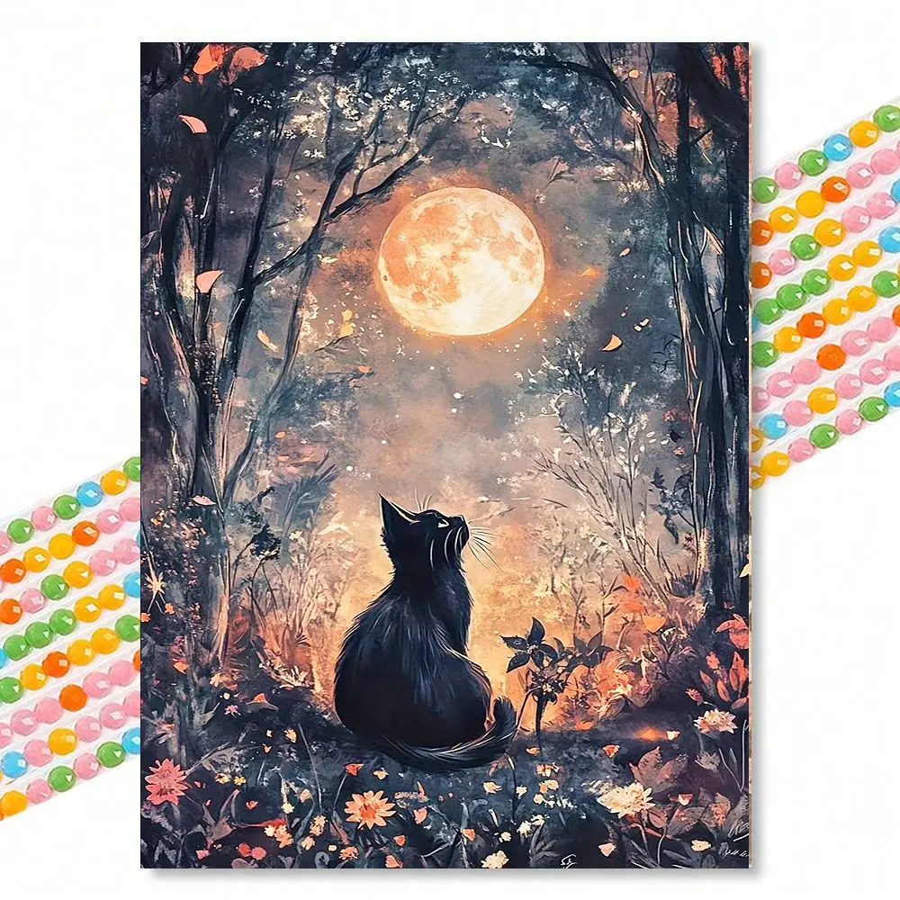 Moonlight Cat Diamond Painting Kit, Dreamy Healing Style, Round Drill 30x40cm, Bedroom Entryway Decor, Handmade Craft Gift, Handmade Gifts, Diamond Art Kit