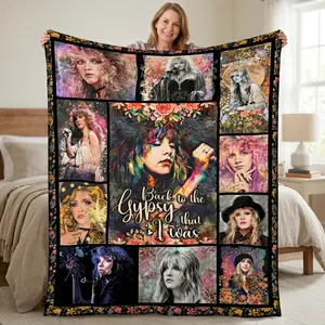 Stevie Nicks Gypsy Era Collage Flannel Blanket, Vintage Rock Music Icon Art Throw, Cozy Sherpa Fleece Blanket for Fans, Gift for Music Lovers, Bedroom Decor