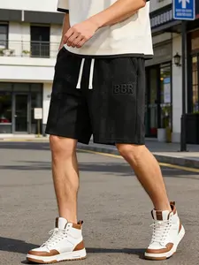 Men’s embossed 3D letter casual athletic bermuda shorts with drawstring waist, black