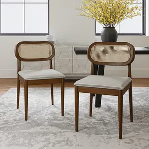 HULALA HOME Konstantin Ratten Dining Chairs Set of 2 Modern Rattan Backrest Sturdy Rubber Wood Frame Adjustable Feet Removable Washable Cushions for Dining Room