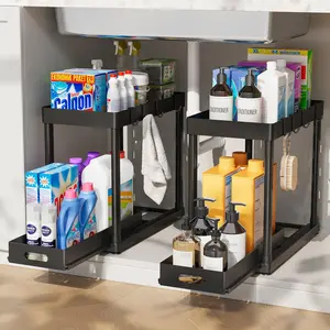 2 Pack Under Sink Organizer 2 Tier Bathroom Cabinet Organizer with Sliding Basket Multi-Purpose Storage for Bathroom Kitchen Black 2 Pack