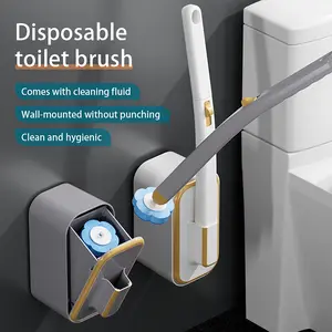 Wall-mounted toilet brush set (48 disposable brush heads and handle), bathroom cleaning tools, bathroom accessories, household essentials, cleaning supplies.