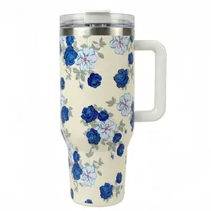 Mother's Day Gift - 40oz Rose Flower Insulated Tumbler with Handle & Straw, Stainless Steel Vacuum Travel Mug, Elegant Floral Gift for Mom, Wife