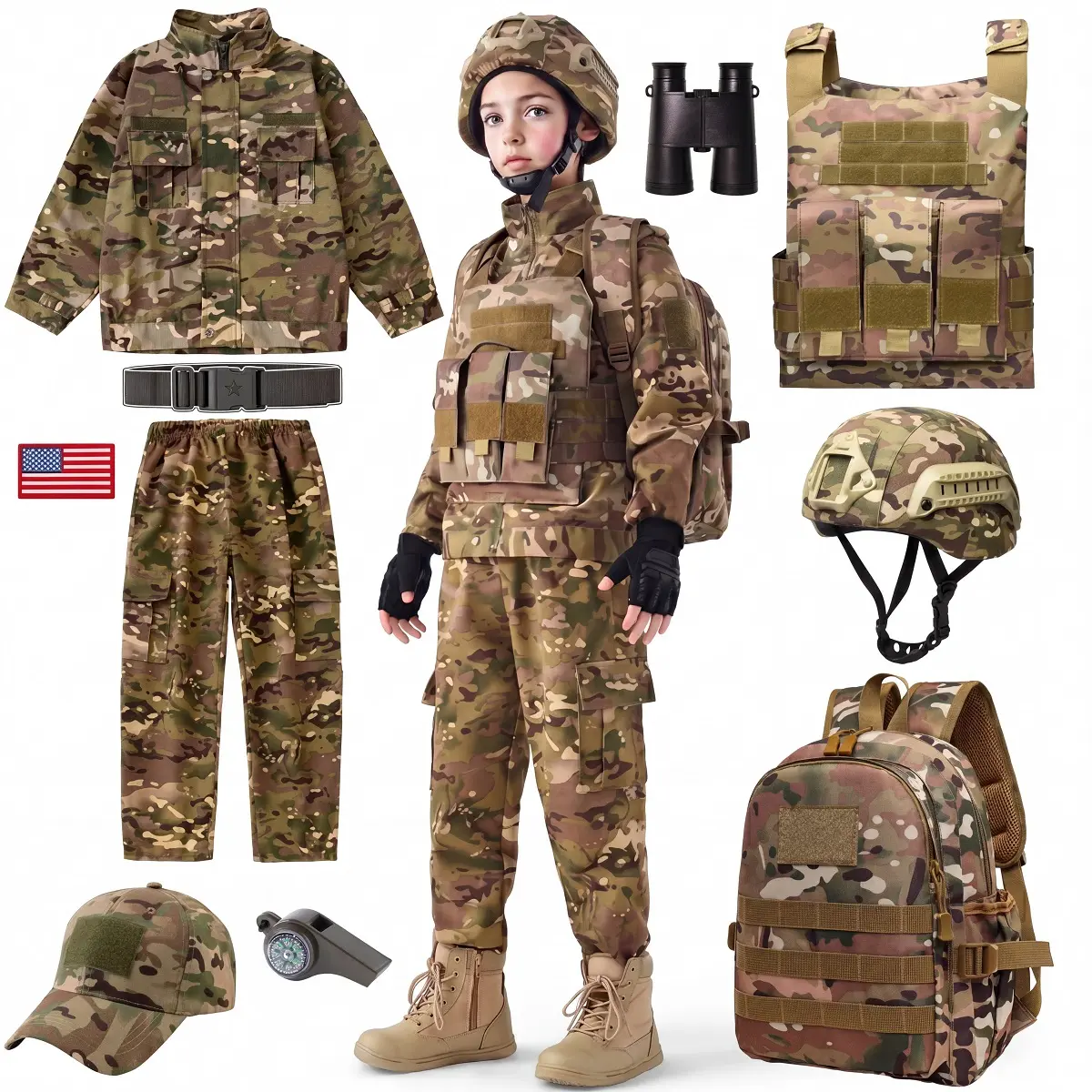 Kids Tactical Gear Army Soldier Role Play Costume 10-Piece Camouflage Uniform Set with Vest Helmet Backpack Pretend Play Dress Up Halloween Military Outfit Outdoor Adventure Rip-Stop Camo Suit