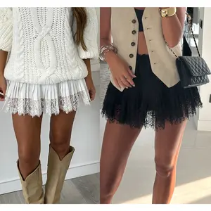 Women's Lace Mini Skirts Casual Low Waist Solid Color Loose Fit Pleated Skirts Summer A-line Skirts
