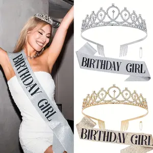 2Pcs Birthday Girl Tiara & Sash Set ✨ 3 Colors Bling Shimmering Rhinestone Crown + Glitter Sash for Bachelorette/Party, Festive Birthday Celebration! Perfect Birthday Queen Accessory 🎉
