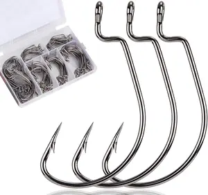 120 count Bass Hooks Set,  Offset Bass Fishing Hooks Freshwater Barbed  Worm Hooks for Texas Rigging Fishing Extra Wide Gap 6 Sizes Assorted #1 1/0 2/0 3/0 4/0 5/0