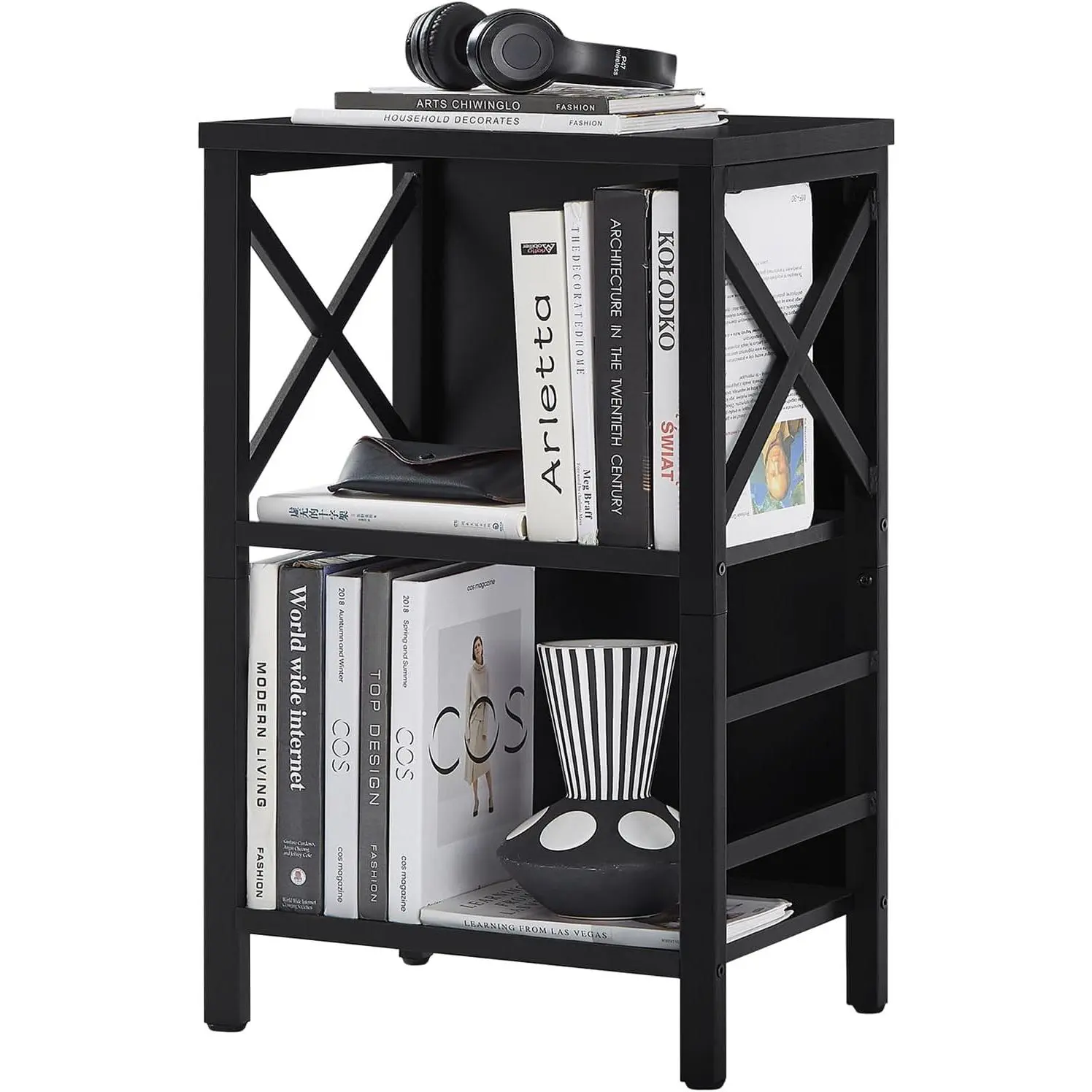 Small Bookcase,3 Tier Industrial Bookshelf with Metal Frame and Backboard,Low Black Book Shelf,Small Book case for Small Spaces,Living Room,Bedroom and Home Office