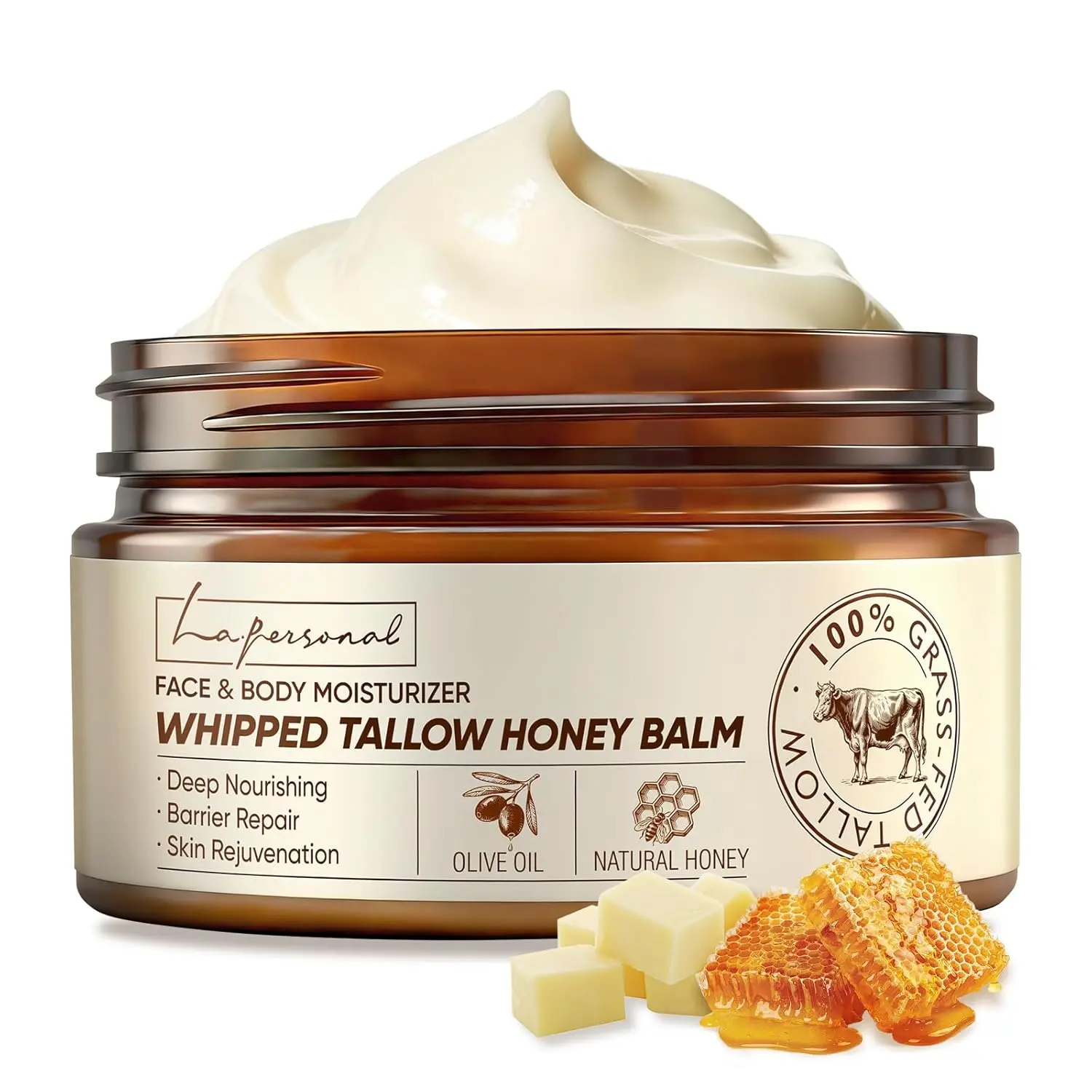 Whipped Grass-Fed Beef Tallow Honey Balm - Natural Daily Face & Body Care Moisturizer, Vitamins & Shea Butter, Skin Barrier Repair, All Skin Types for Soft, Smooth, Radiant Results