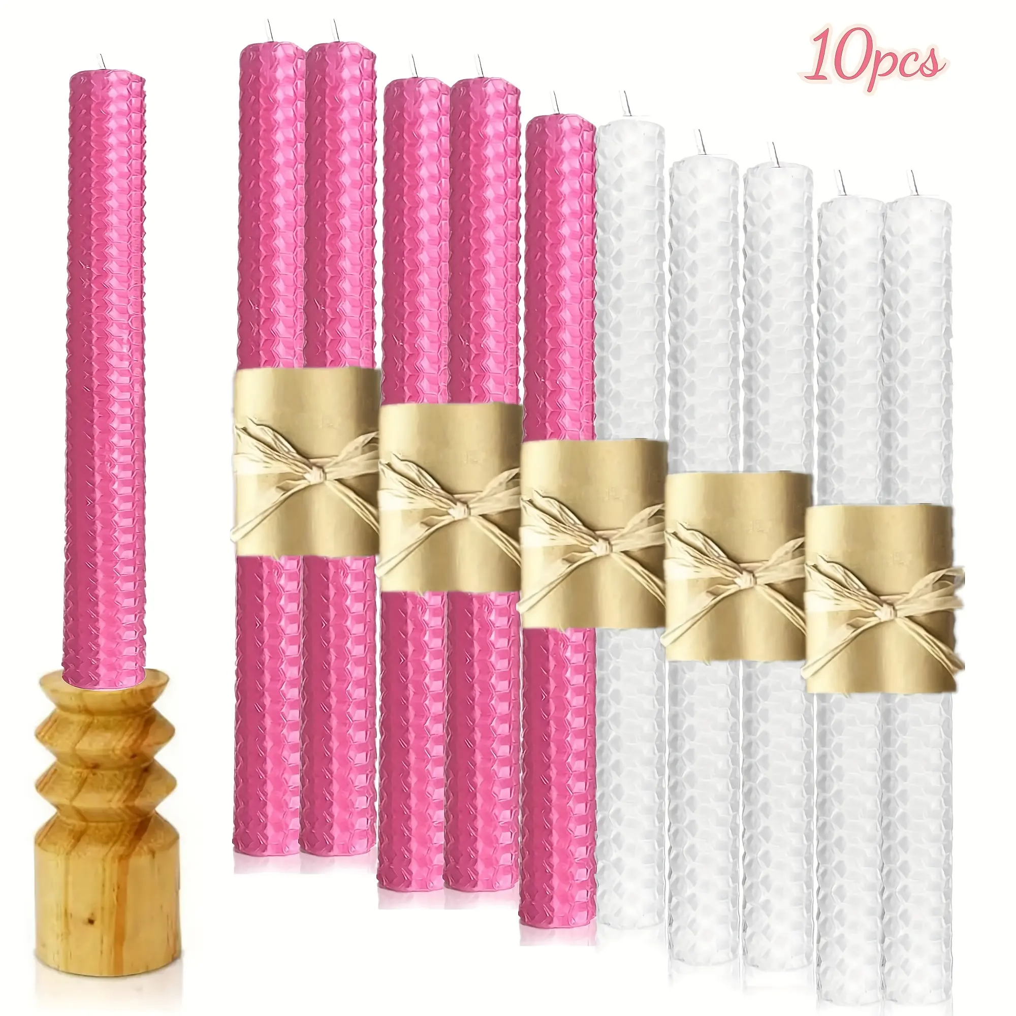 white/pink Direct from the beekeeper, a set of 10 pieces of pink beeswax candles in bulk, white, pink, unscented,-free, drip-free long candlesticks 20 cm, burning time 4 hours  Used for Valentine's Day, festive atmosphere decoration