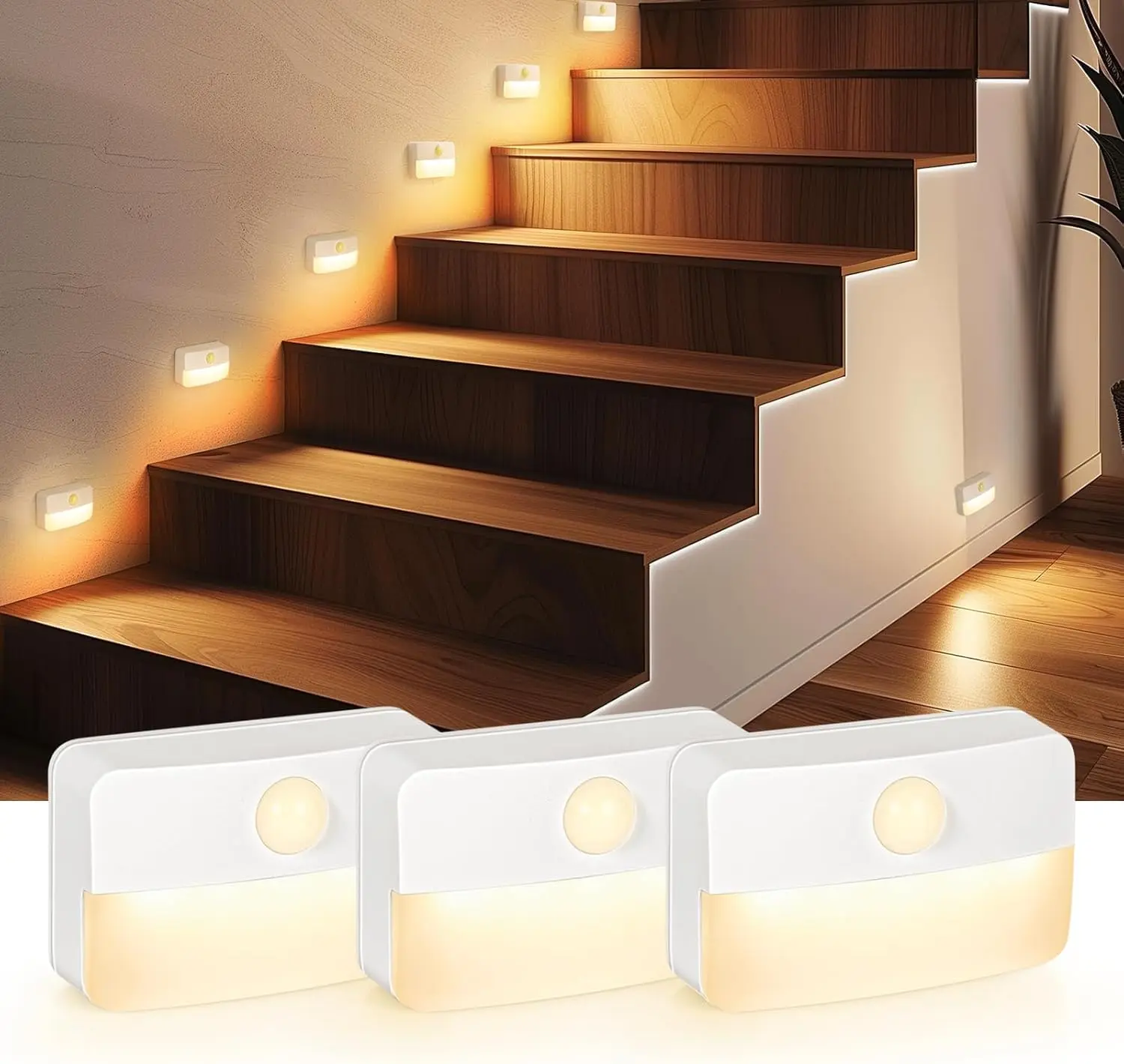 3 Pack Motion Sensor Stair Light for Indoor, Battery Operated Closet Lights, Wireless Stick on Anywhere Hallway Lamp, 40 Lumen 3000K Portable Led Lamp for Bedroom Under Cabinet Kitchen