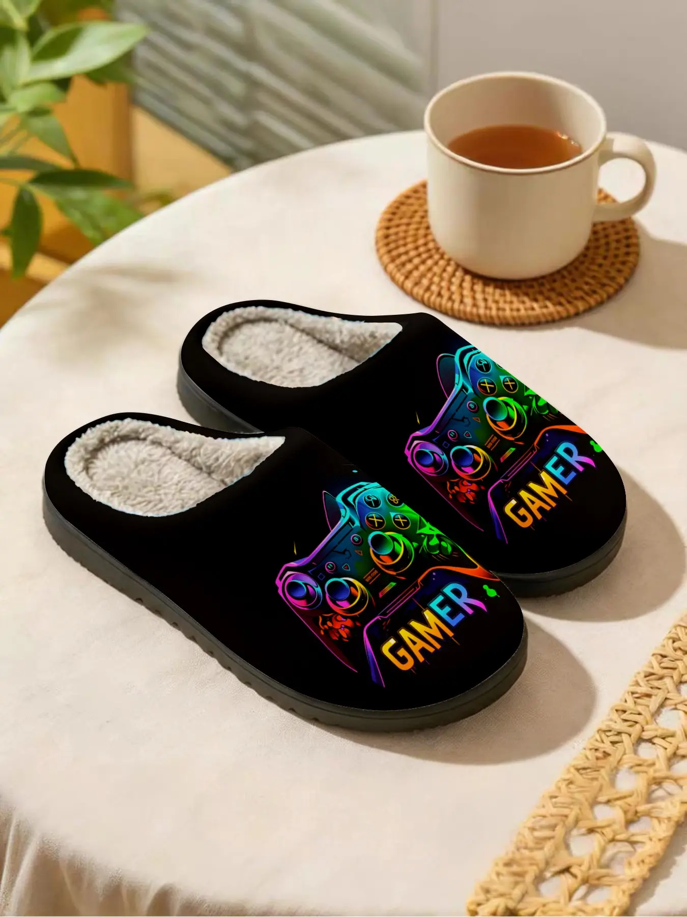 Neon Game Controller Gaming Style 1 Pair | Warm Plush Anti-Slip | Indoor Slippers | For Gamers Winter Home Use