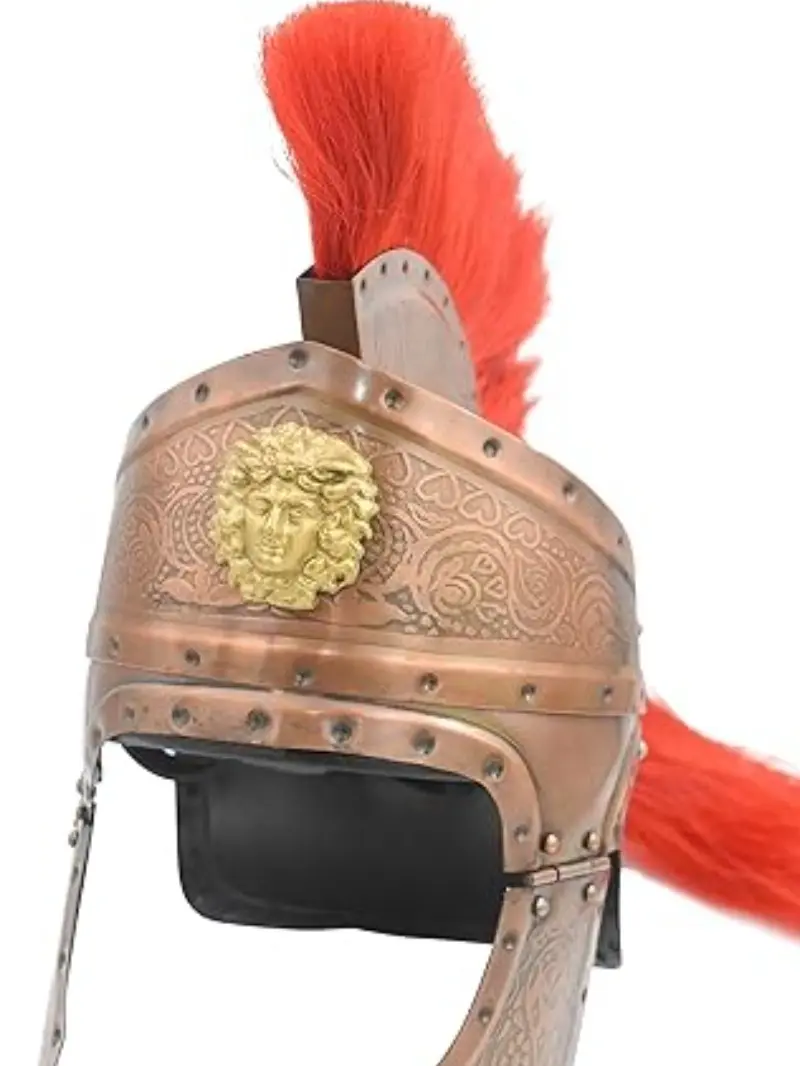 Medieval Warrior Brass Steel Roman Helmet Replica with Red Plume and Medusa Emblem, Traditional Menswear for Historical Costumes, Leather, Cap