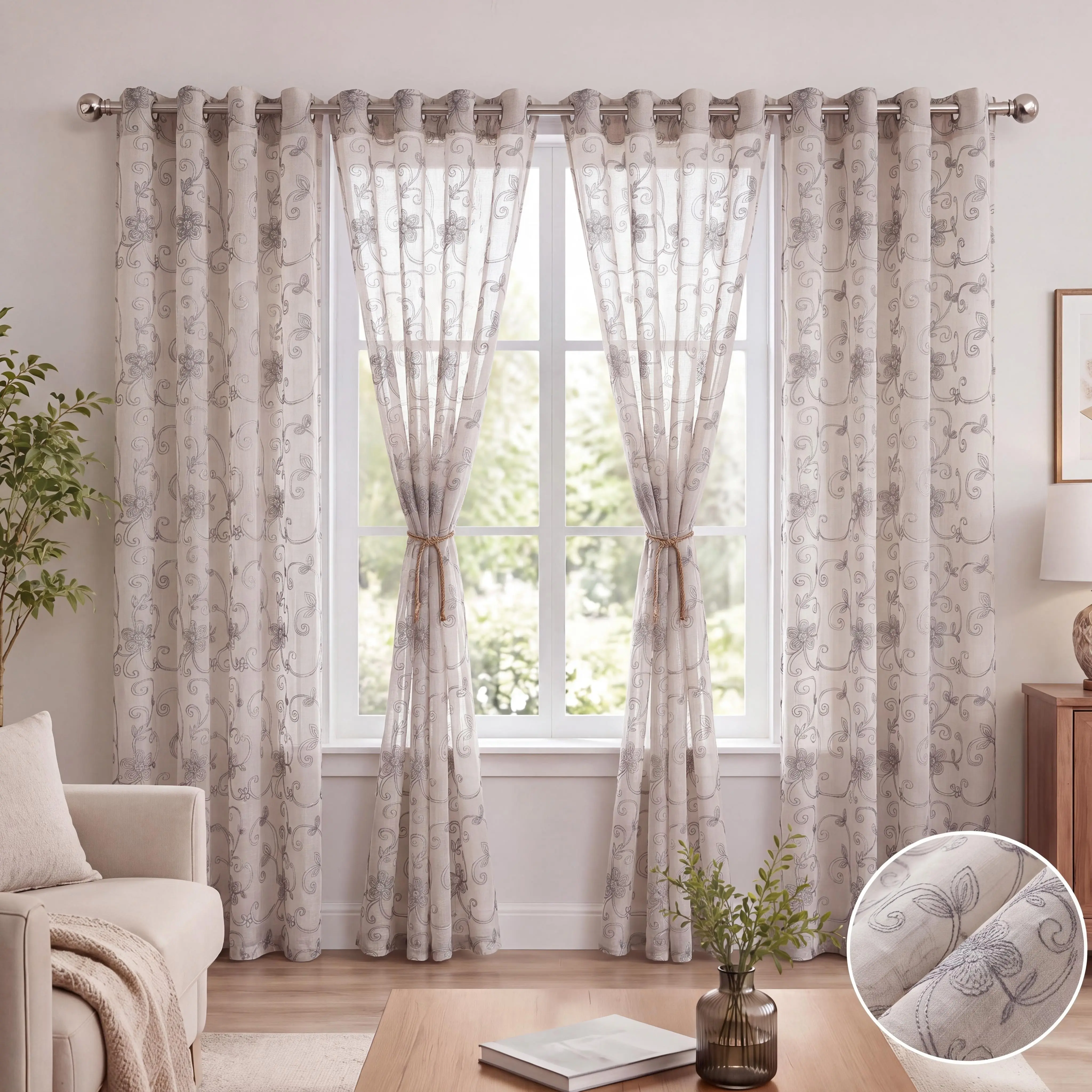 Linen Sheer Curtains 4 Panels Set 52x90 Inch, Grid Cross Textured Voile with Chain Stitch Scroll Vine Embroidery, Floral Light Filtering Privacy Grommet Top Window Drapes, Cottage Boho Farmhouse Country Decor for Bedroom Living Room Kitchen FT2988