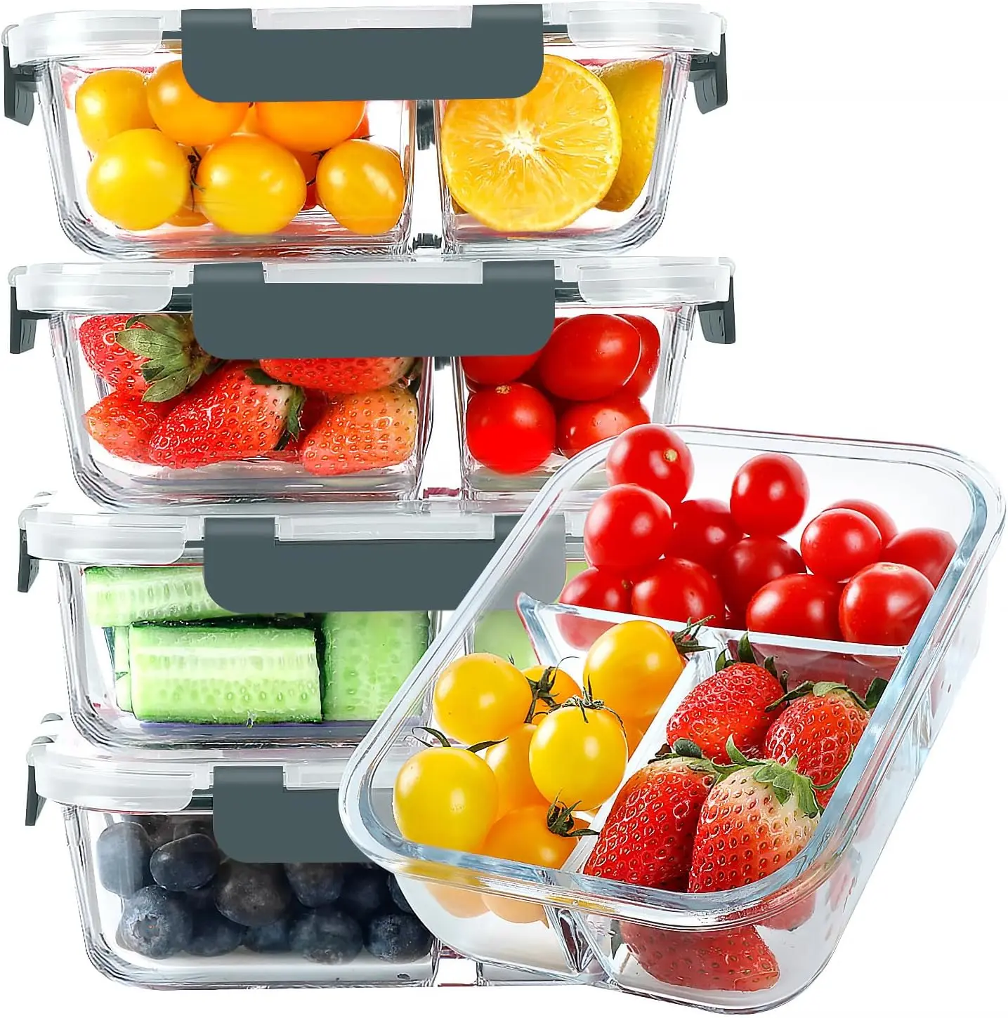 AISOON 5-Pack (36oz) Borosilicate Glass Meal Prep Containers with Airtight Lids, 3 Compartment Glass Lunch Containers, Food Prep Lunch Box, Bento Box, Microwave, Oven, Freezer & Dishwasher Safe, Leakproof, Food Storage, Meal Preps For The Week, Easy Meals