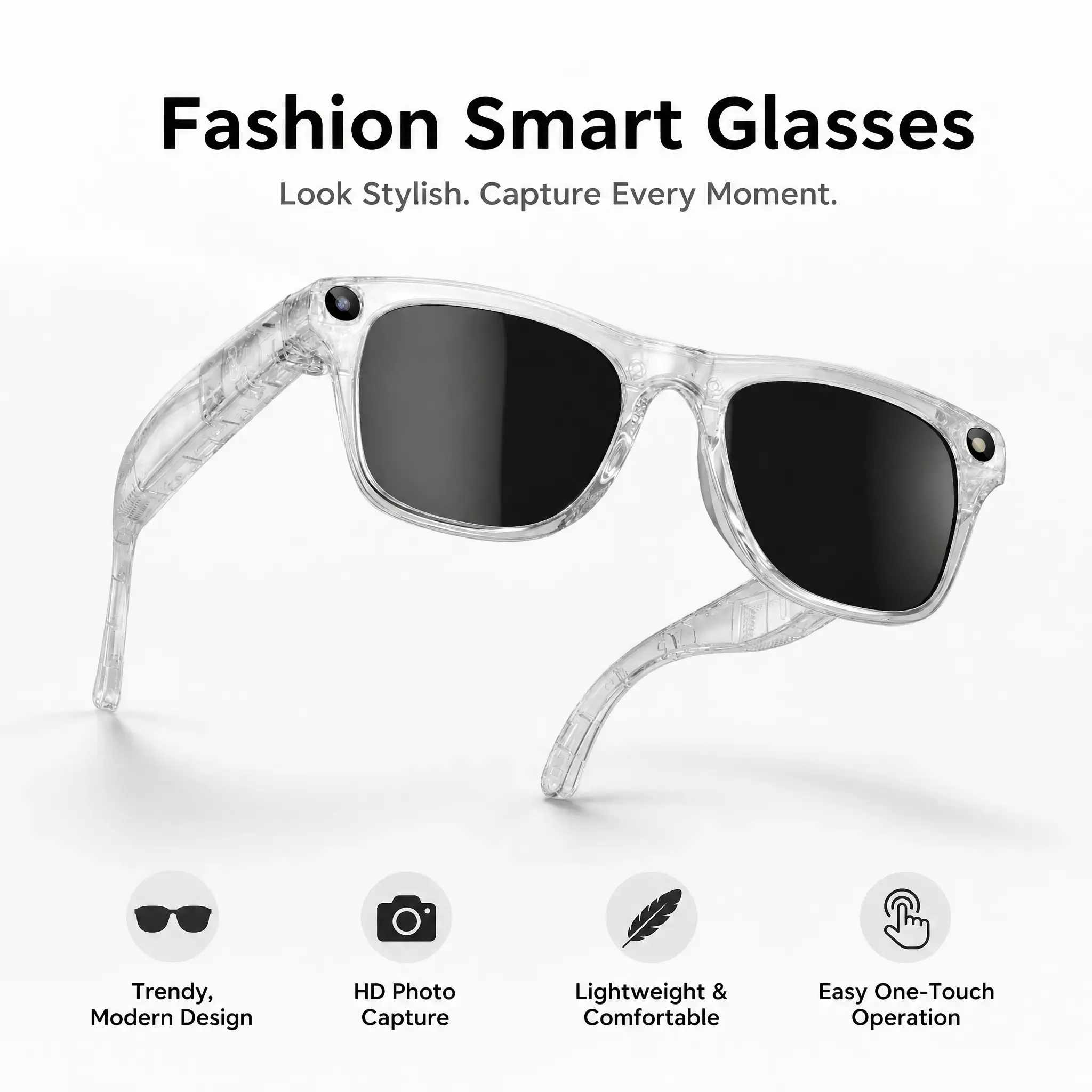 Smart AI hands-free photography glasses, open speakers, music playback, 260mAh battery, touch button controls, perfect for travel and outdoor adventures, supports 160+ languages, real-time translation, Bluetooth wireless, UV protection, Easter gift
