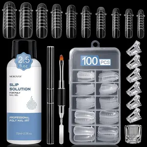 Nail Slip Solution Kit: 2.5 OZ Anti‑Stick Gel Liquid for PolyGel Nails with Dual‑Ended Brush & Nail Forms Ideal Easy Spread for Beginners