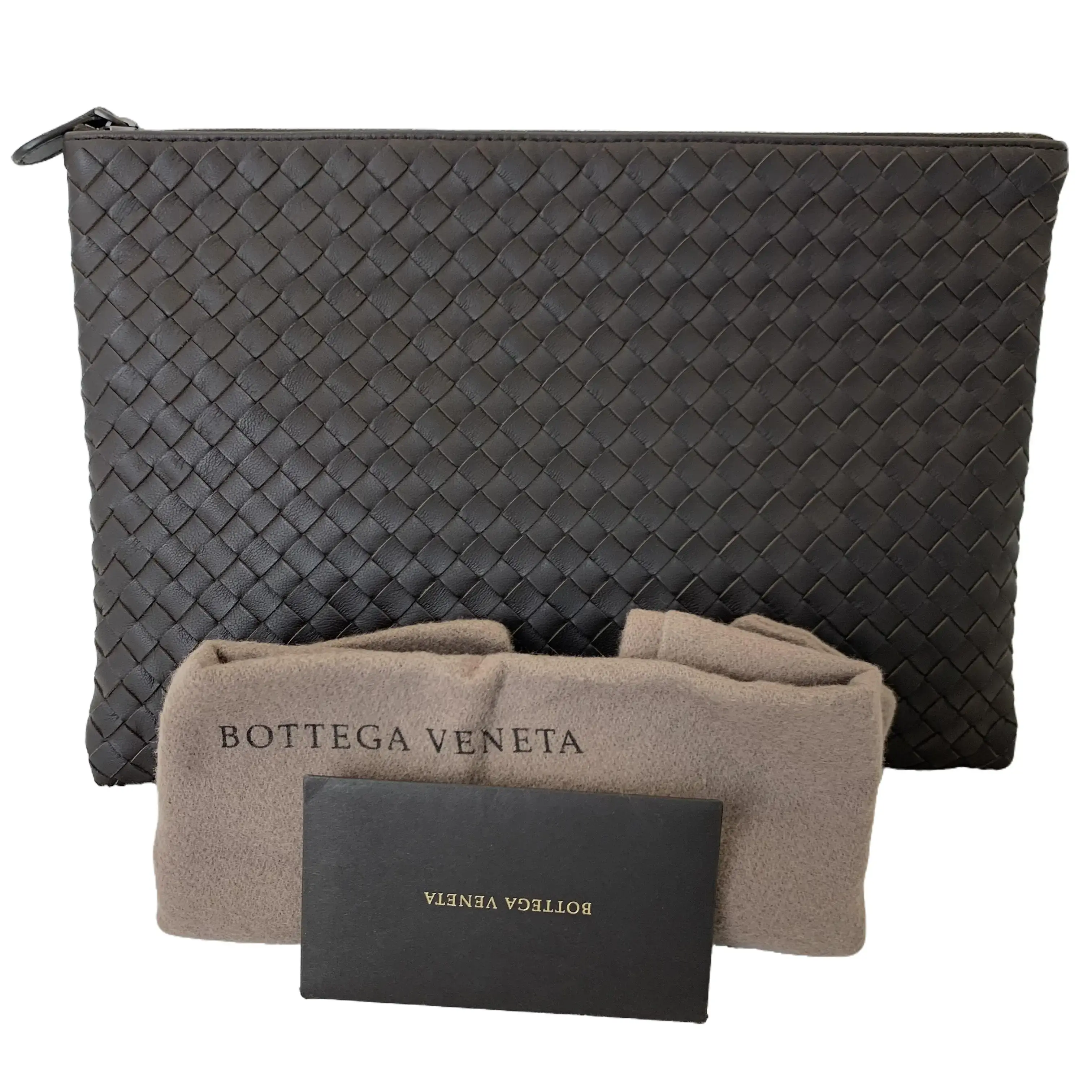 Pre-owned BOTTEGA VENETA Dark Brown Handcrafted Intreccio Woven Leather Zip Clutch Pouch Clutches & Wristlets, Full Set with Dust Bag, Official Brand Booklet & Leather Zipper Pull, Minimalist Sleek, TKB00000074