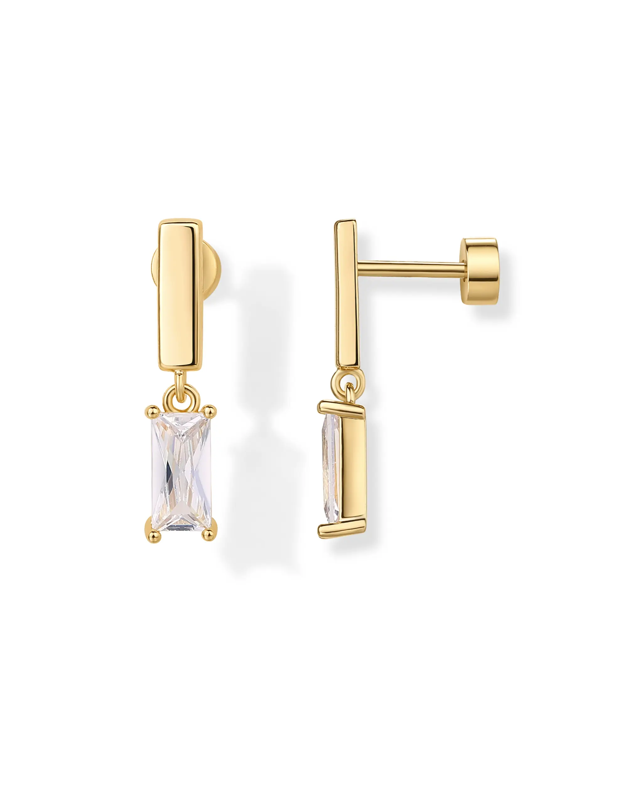 PAVOI 14K Gold Plated Sterling Silver Posts Mini Bar Drop Dangle Flatback Earrings for Women - Dainty Helix Cartilage Piercing Jewelry - Baguette Bezel Marquise Pearl Cubic Zirconia Screwback Stud Earrings