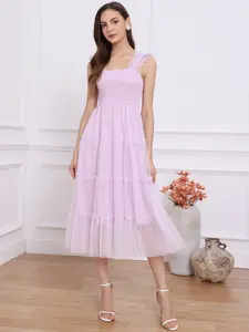 INSPIRE CHIC Women's Summer Midi Tulle Dress Sleeveless Smocked Square Neck Tiered Ruffled Wedding Guest Dress Light Purple